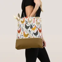 Roosters and Chickens Doodle Style Color Block Tote Bag