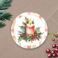  Watercolor Christmas Candle and Plaid Classic Round Sticker