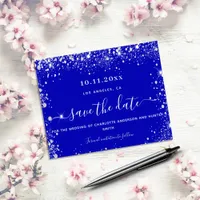 Budget wedding royal blue silver glitter save date