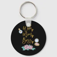 Wife Mom Boss Gold typography on black Keychain