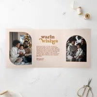 Candlelight Amber Cozy Vibes Retro Christmas Photo Tri-Fold Holiday Card
