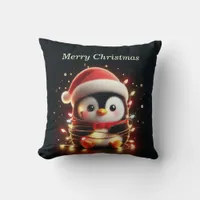 Cute Penguin Wrapped in Christmas Lights Throw Pillow