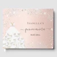 Quinceanera rose gold white dress glitter guest book