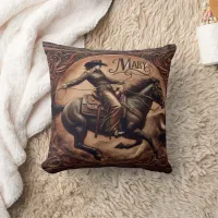 RODEO Cowboy Mary Roping on Horse at Sunset Throw Pillow