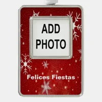 Felices Fiestas Snowflakes & Red Framed Ornament