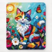 Colorful Cat and Butterfly Mouse Pad