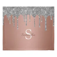 Silver Glitter Sparkle Drip Rose Gold Monogram Duvet Cover
