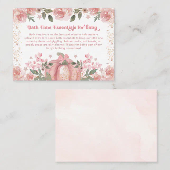 Bath Time Essentials for baby Shower Pink Pumpkin Enclosure Card