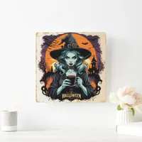 A witch brews up magic under a full moon square wall clock