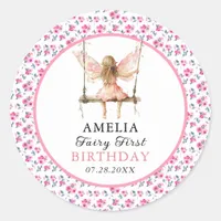 Fairy First Watercolor Floral Girls 1st Birthday Classic Round Sticker