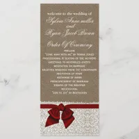 FAUX Burlap and red lace Wedding program