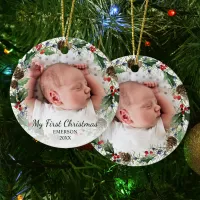 Baby’s First Christmas Photo Holiday Wreath Ceramic Ornament