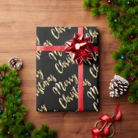 Merry Christmas metallic gold script black Wrapping Paper