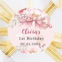 Blush pink bow floral cute one 1st birthday classic round sticker