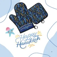 Elegant Floral Pattern Hanukkah Oven Mitt & Pot Holder Set