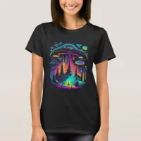 Neon UFO and Alien Scene Psychedelic Art T-Shirt