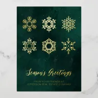 Modern Green Gold Snowflakes Business     Foil Holiday Postcard