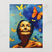Elderly Woman With Butterflies Postcard