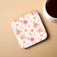 Valentine's Pink Watercolor Roses and Hearts  Beverage Coaster