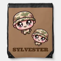 Cute Kawaii Army Camouflage Monogram on Brown | Drawstring Bag