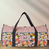 Monogram Pink and Gray Floral Initial Large Duffle Bag
