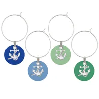Wine Charm Set - White Anchor on Blues and Greens