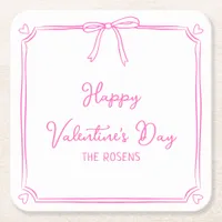 Custom Valentine's Day Party Cute Pink Bow Hearts Square Paper Coaster