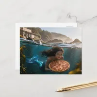 Funny Mermaid With a Pizza Postcard