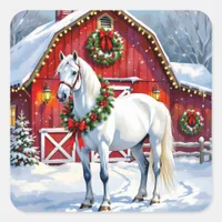 A Festive White Horse and Winter Barn Christmas Square Sticker