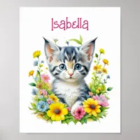 Watercolor Kitten Flowers Personalized Poster