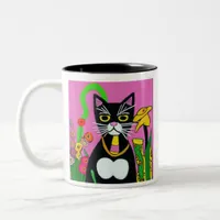 Black and White Tuxedo Cat with Flowers Two-Tone Coffee Mug