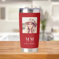 Red white photo monogram initials name insulated tumbler