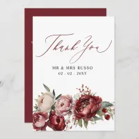  Script Elegant Burgundy Blush Floral Wedding  Thank You Card