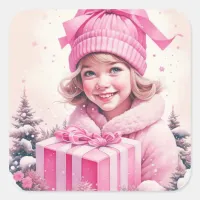 Vintage Girl in Pink with Gift Box Square Sticker