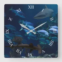 Sharks and School of Fish in Blue Ocean Wall Clock