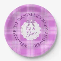 Personalized Baby Shower Purple Plaid Paper Plates