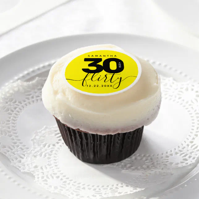 Modern Girly Bright Yellow 30 and Flirty Edible Frosting Rounds