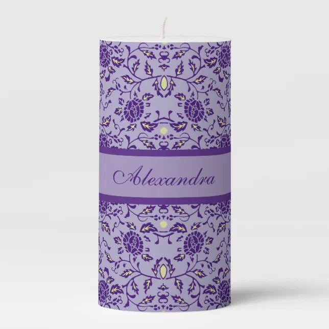 Elegant Flowery Purple Damask Pillar Candle