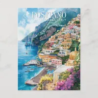 Watercolor Art Positano Amalfi Coast Italy Travel Postcard