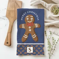 Gingerbread Man Navy Monogram Merry Christmas Kitchen Towel