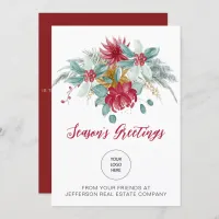 Red Poinsettias Holly Company Logo Business Holiday Card