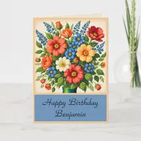 Blue Vintage Flower Bouquet Folded Birthday  Card