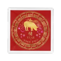 Chinese Zodiac Pig Red/Gold ID542 Acrylic Tray