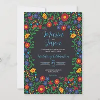 Mexican Black Floral Colorful Folk Art Wedding Invitation