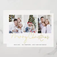 Glam 3 Photos Merry Christmas Real  Foil Holiday Card
