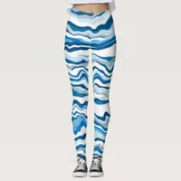  Blue Digital Fluid Art Marble Stripes  Leggings