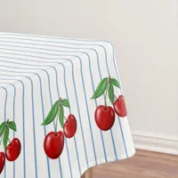 Red Cherries on Blue Stripes Graphic Pattern Tablecloth