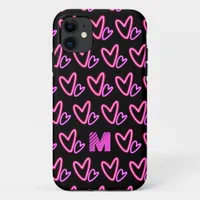 Custom Hot Pink Neon Hearts Monogram iPhone 11 Case