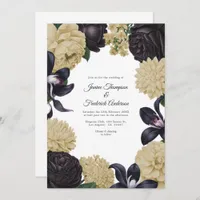 Black & Champagne Photo/QR Code Floral Wedding Invitation