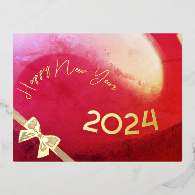 Happy New year 2024, red and gold wave Foil Holiday Postcard